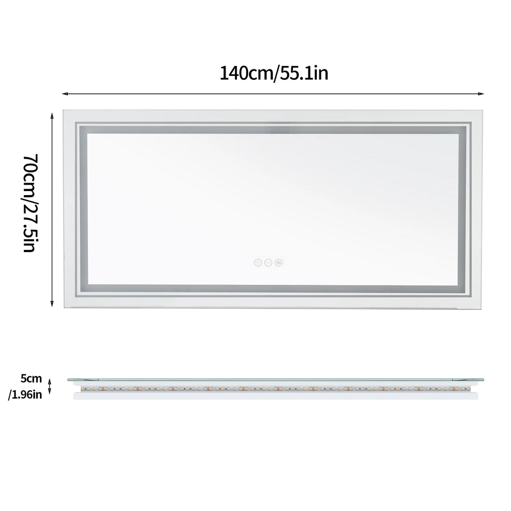 55x28 Inch Dimmable Large Rectangular LED Lighted Bathroom Mirror Wall Mounted Vanity Backlit Mirror with Touch 3 Colors Switch
