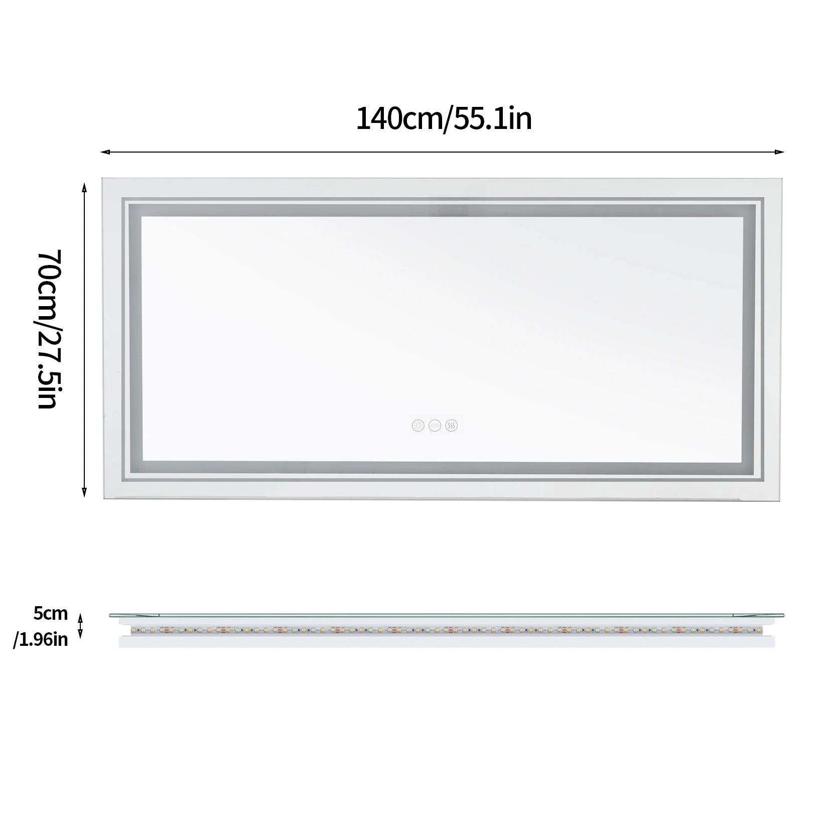 55x28 Inch Dimmable Large Rectangular LED Lighted Bathroom Mirror Wall Mounted Vanity Backlit Mirror with Touch 3 Colors Switch