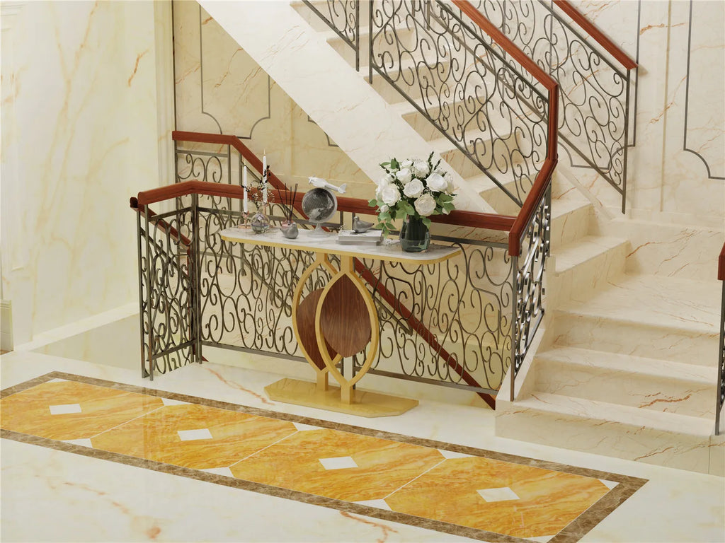 Modern Gold Console Table with Geometric Metal Base, Sintered Stone Narrow Entryway Table Foyer Table for Entrance, Living Room