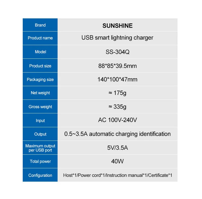 SUSNHINE 6-port Usb Digital Display Fast Charger for Phone Tablet Watch Charging