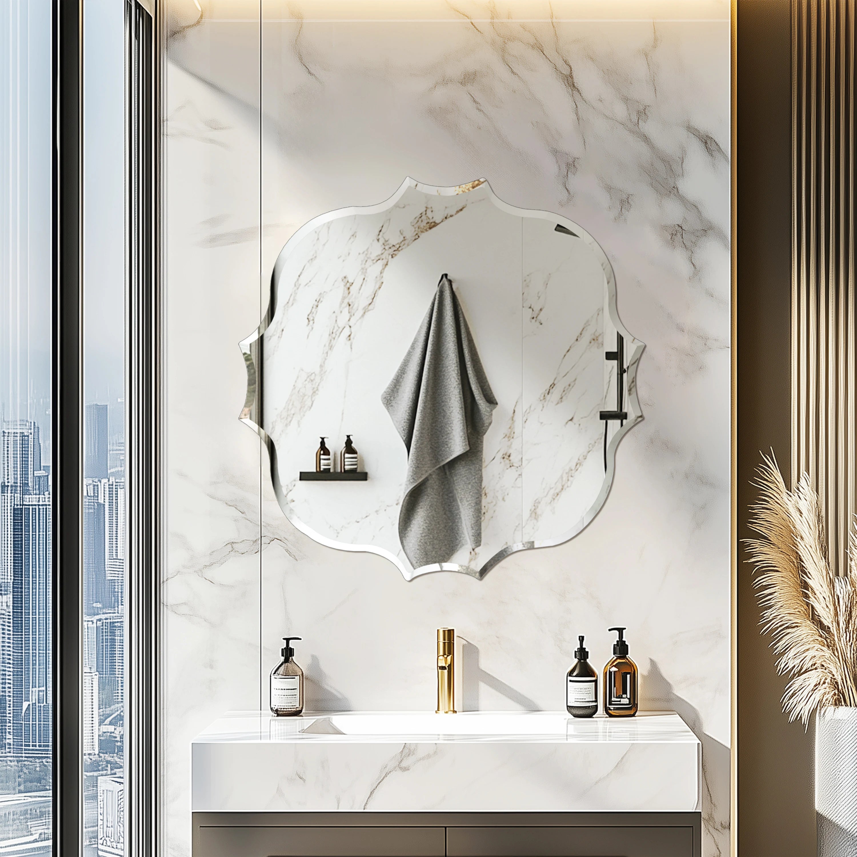 Wisfor Frameless Silver Square Wall Hanging Mirror, Elegant Beveled Edges Frameless Wall Hanging Mirror, Modern Accent Decor