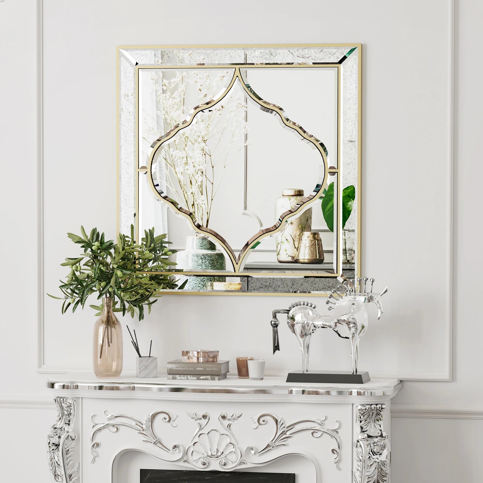 60*60cm Square Living Room Decor Mirror, HD Glass Wall Mounted Mirror with Golden Rim Edge for entryway,Bedroom, Home Wall Decor