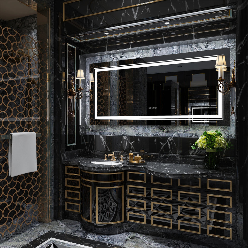 55x28 Inch Dimmable Large Rectangular LED Lighted Bathroom Mirror Wall Mounted Vanity Backlit Mirror with Touch 3 Colors Switch