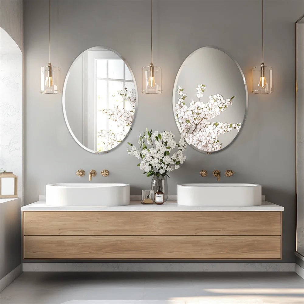 Wisfor Frameless Oval Wall Mirror Silver Beveled Edge Bathroom Vanity Mirror for Modern Home Decor, Fireplaces