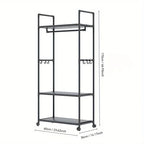 Clothing Storage Rack with Wheels, Hooks & Shelves - Space-Saving Organizer, Durable Freestanding Clothes Organizer for Bedroom