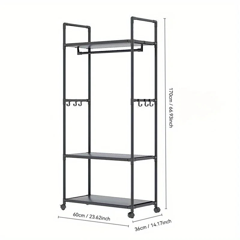 Clothing Storage Rack with Wheels, Hooks & Shelves - Space-Saving Organizer, Durable Freestanding Clothes Organizer for Bedroom