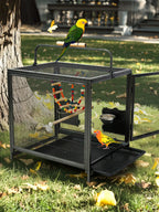 Wrought Iron Bird Travel Carrier Cage Parrot Cage with Handle Wooden Perch & Seed Guard for Small Parrots Canaries Budgies Parro