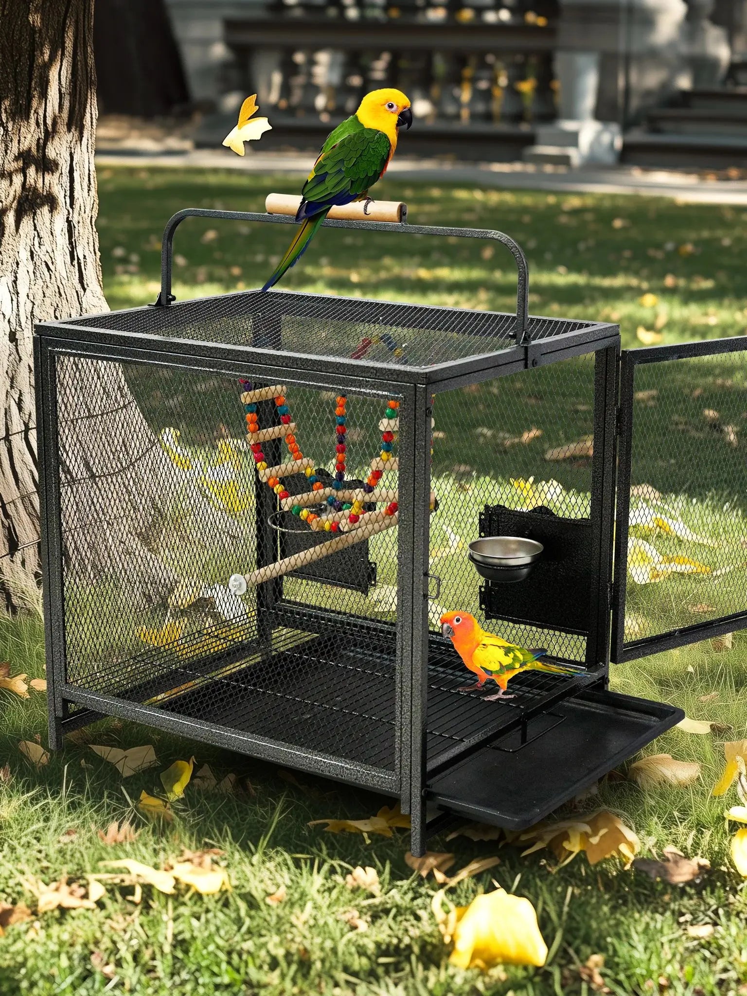Wrought Iron Bird Travel Carrier Cage Parrot Cage with Handle Wooden Perch & Seed Guard for Small Parrots Canaries Budgies Parro