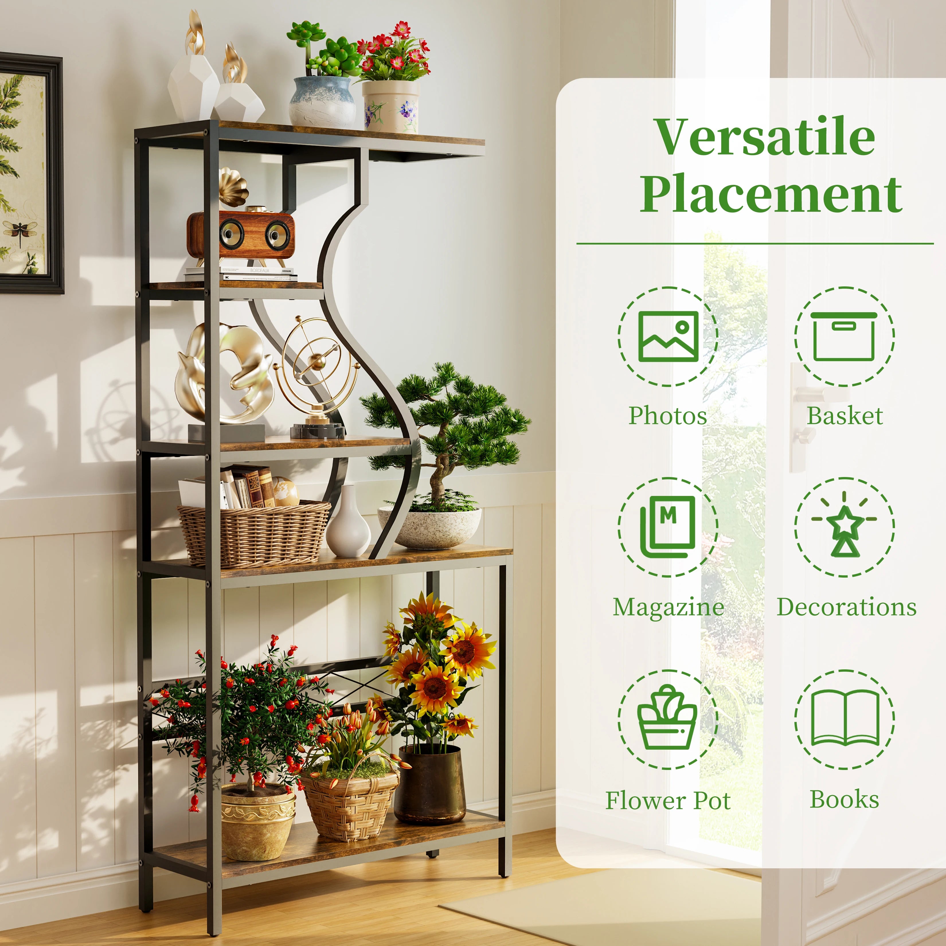 Vintage Industrial Tall Plant Stand - 5-Tier Rustic Shelf Display Unit for Home, Patio, Garden Flower Storage Cabinet & Bookcase