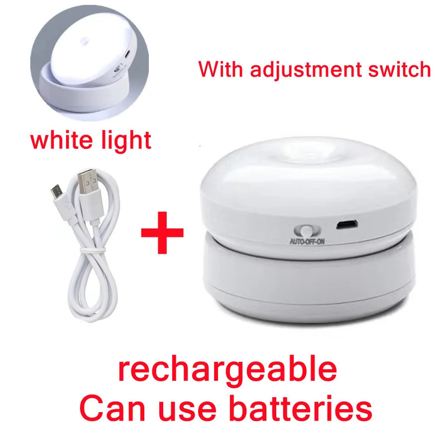 PwwQmm LED Night Light Wireless Motion USB Charging Cabinet Night Lamp Bedside Table For Bedroom Home Closet Sensor Round Lights