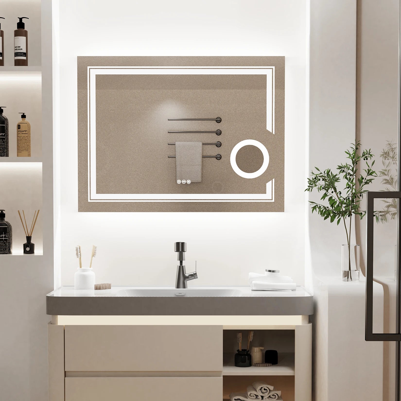 Wisfor LED Lighted Smart Bathroom Mirror 3X Lighted Magnifier Wall Mounted White Light Front Backlit Dimmable Anti-Fog