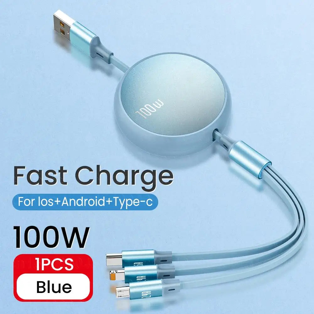 3 in 1 Retractable USB C 6A 100W USB Fast Charger
