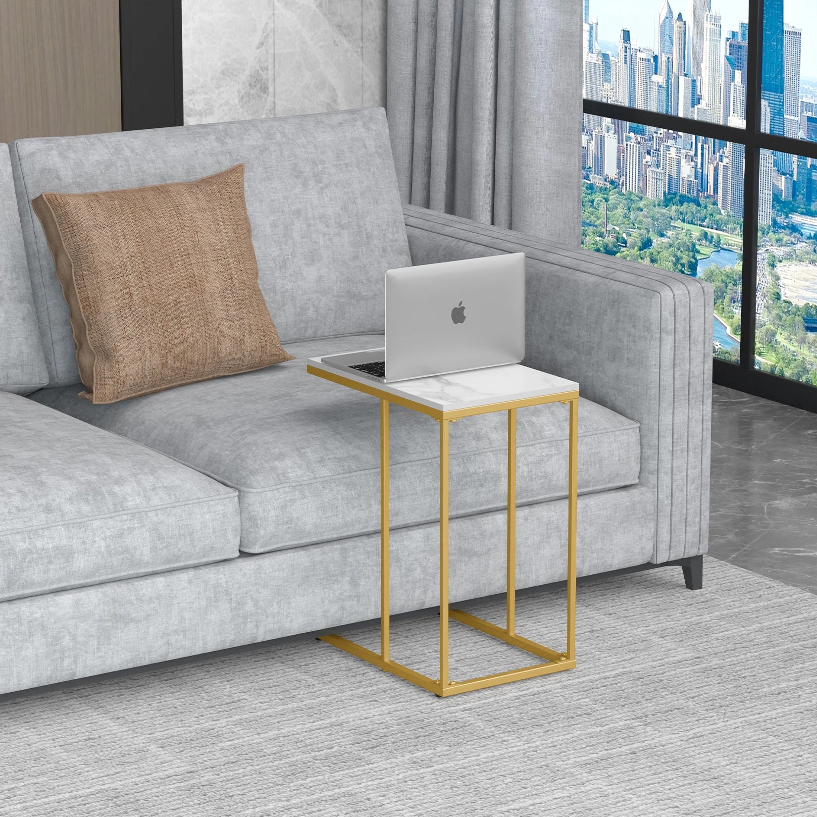 C Shaped End Snack Side Table Under Couch with Marble Top for Sofa Coffee Laptop Living Room Bedroom Small Space