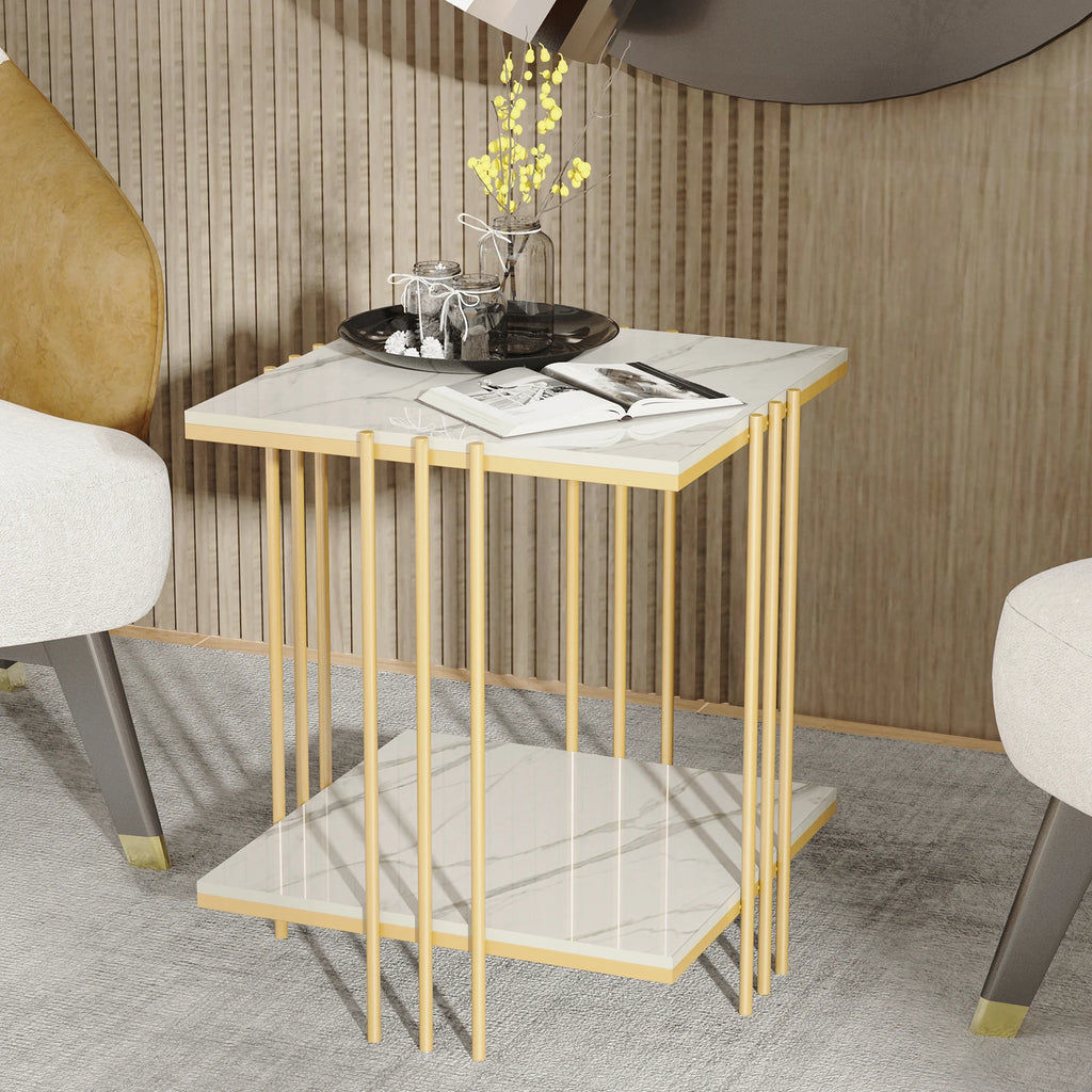 Marble Top Side Table Gold 2 Tier Square White End Tables 44.5x44.5x55.5cm Sintered Stone Marbles Tabletop Modern Small Bedside