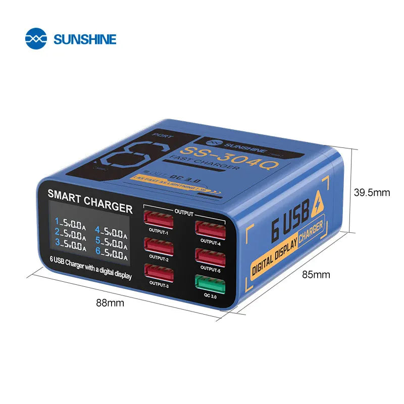SUSNHINE 6-port Usb Digital Display Fast Charger for Phone Tablet Watch Charging