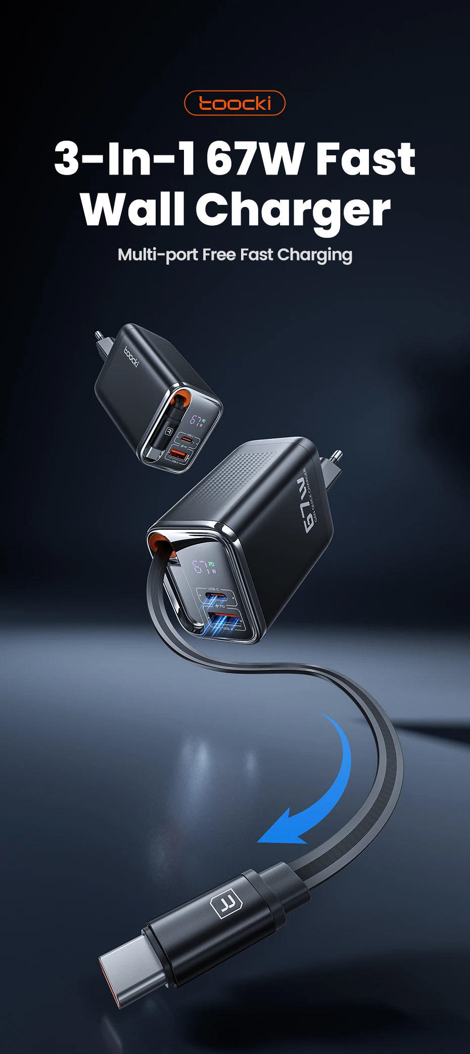 Toocki 67W GaN USB C Charger With Retractable Type C Cable
