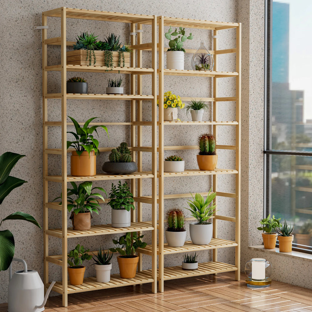 6 Tiers Bamboo Bookshelf Flower Rack with Adjustable DIY Shelves Free Standing Natural Wood Color Display Shelf for Living Room