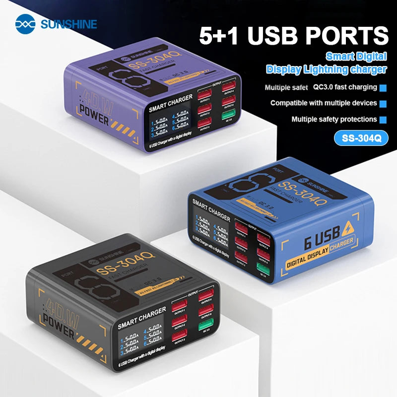 SUSNHINE 6-port Usb Digital Display Fast Charger for Phone Tablet Watch Charging