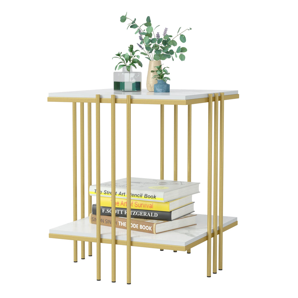 Marble Top Side Table Gold 2 Tier Square White End Tables 44.5x44.5x55.5cm Sintered Stone Marbles Tabletop Modern Small Bedside