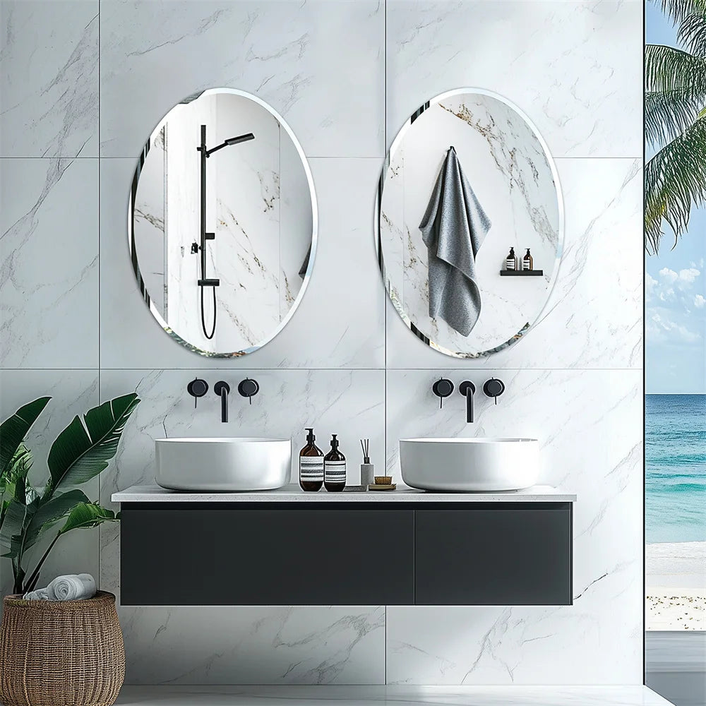 Wisfor Frameless Oval Wall Mirror Silver Beveled Edge Bathroom Vanity Mirror for Modern Home Decor, Fireplaces