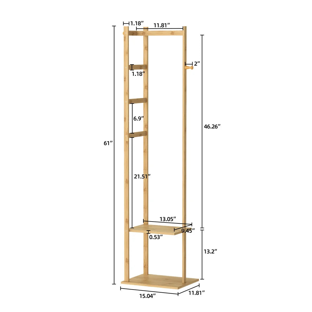 Bingopaw Coat Tree Solid Bamboo Freestanding Coat Rack with Storage Garments Corner Stand with Hooks for Home Bedroom
