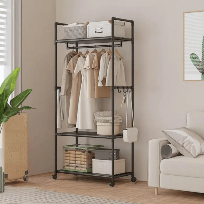 Clothing Storage Rack with Wheels, Hooks & Shelves - Space-Saving Organizer, Durable Freestanding Clothes Organizer for Bedroom