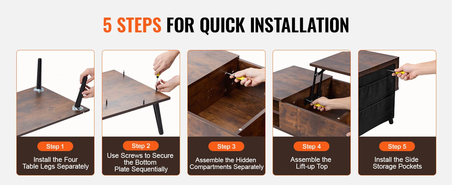 VEVOR Lift Top Coffee Table Round Rectangle Table with Extra Storage Pockets Pop Up & Flipable Coffee Table for Living Room