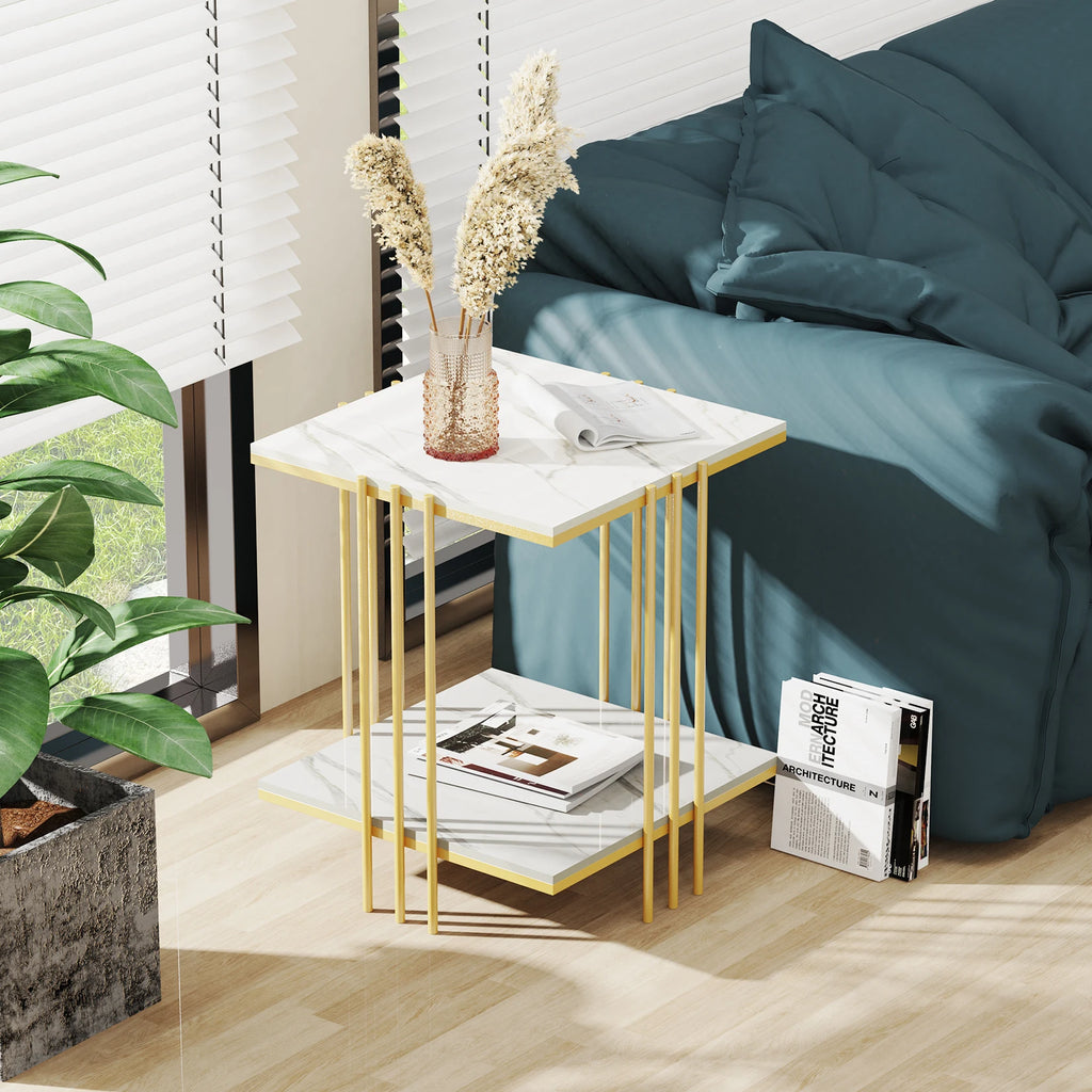 Marble Top Side Table Gold 2 Tier Square White End Tables 44.5x44.5x55.5cm Sintered Stone Marbles Tabletop Modern Small Bedside
