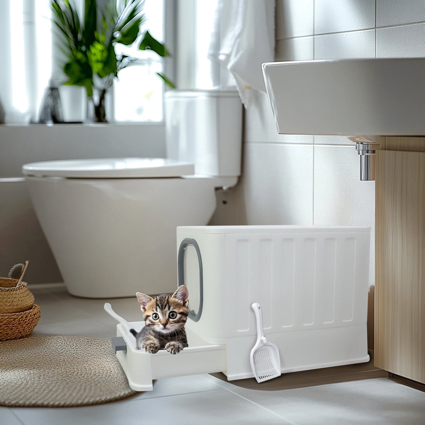 Bingopaw XL Cat Litter Box with Lid Enclosed Cat Potty Top Entry Anti-Splashing Cat Toilet Easy to Clean with Cat Litter Scoop