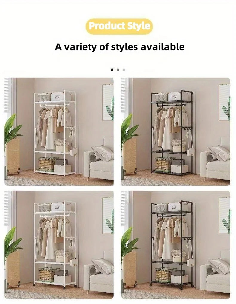 Clothing Storage Rack with Wheels, Hooks & Shelves - Space-Saving Organizer, Durable Freestanding Clothes Organizer for Bedroom