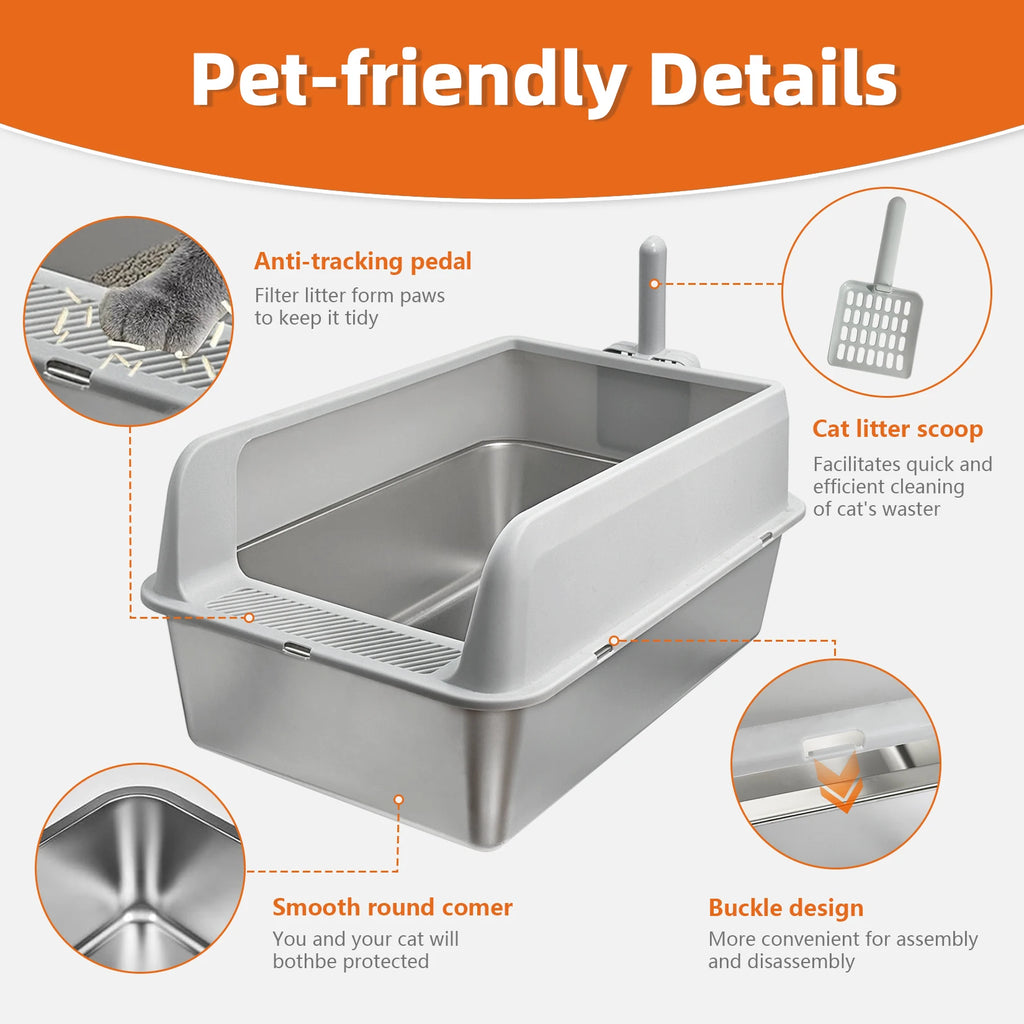 Bingopaw Stainless Steel Litter Box with Lid, High Sides Metal Litter Box System for for Big Cats, Anti-Leakage, Easy Cleaning