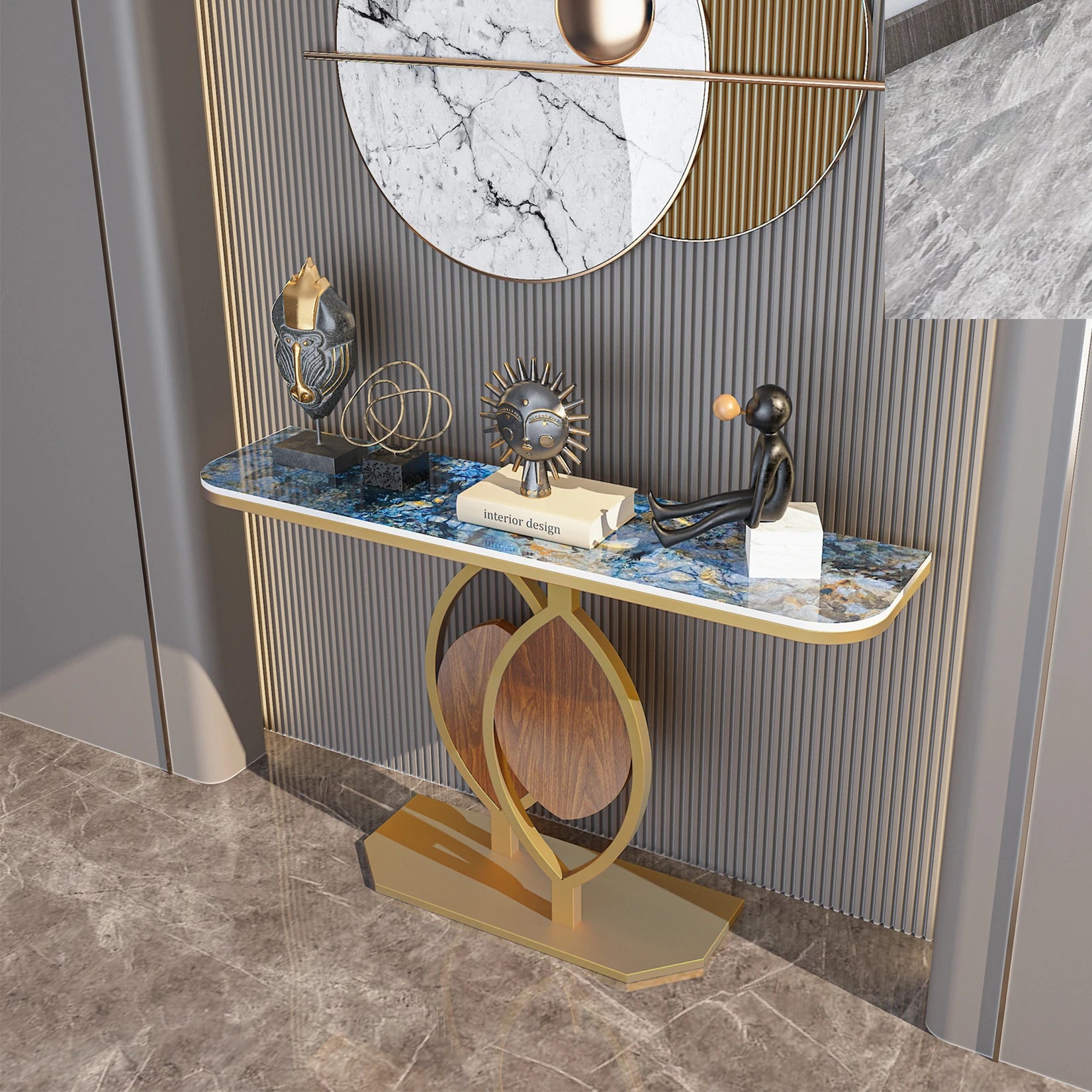 Modern Gold Console Table with Geometric Metal Base, Sintered Stone Narrow Entryway Table Foyer Table for Entrance, Living Room