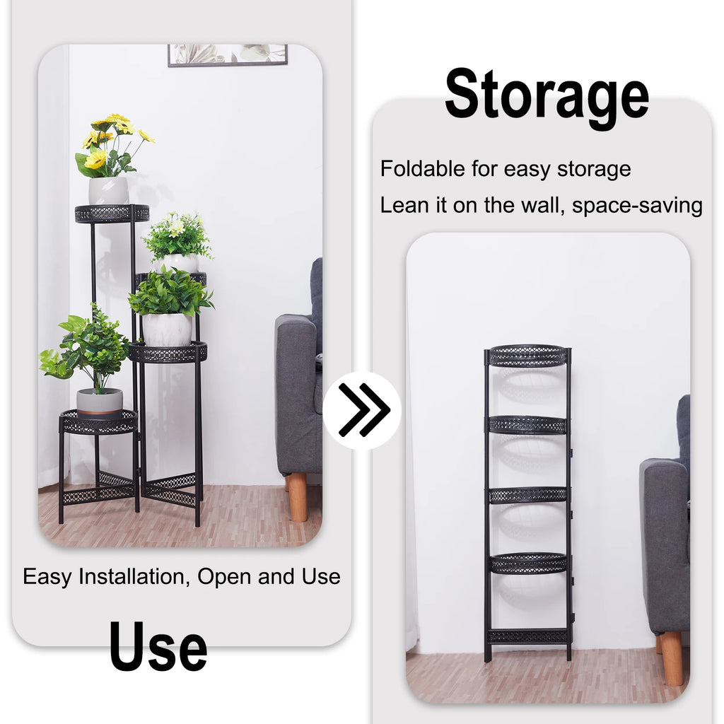 3/4 Tier Metal Plant Stand Indoor Black Tall Flower Pot Holder Display Rack Foldable for Patio Garden Living Room Corner Balcony