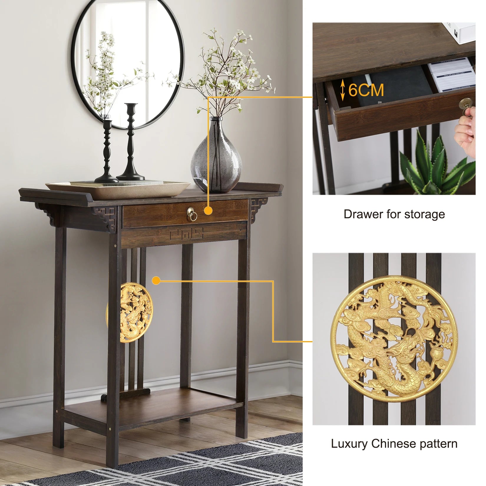 Vintage Rustic Console Table Hall Console Table Luxurious Totem Decor with Pull Drawer & Shelf Living Room Furniture