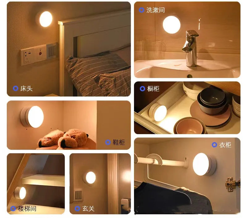 PwwQmm LED Night Light Wireless Motion USB Charging Cabinet Night Lamp Bedside Table For Bedroom Home Closet Sensor Round Lights
