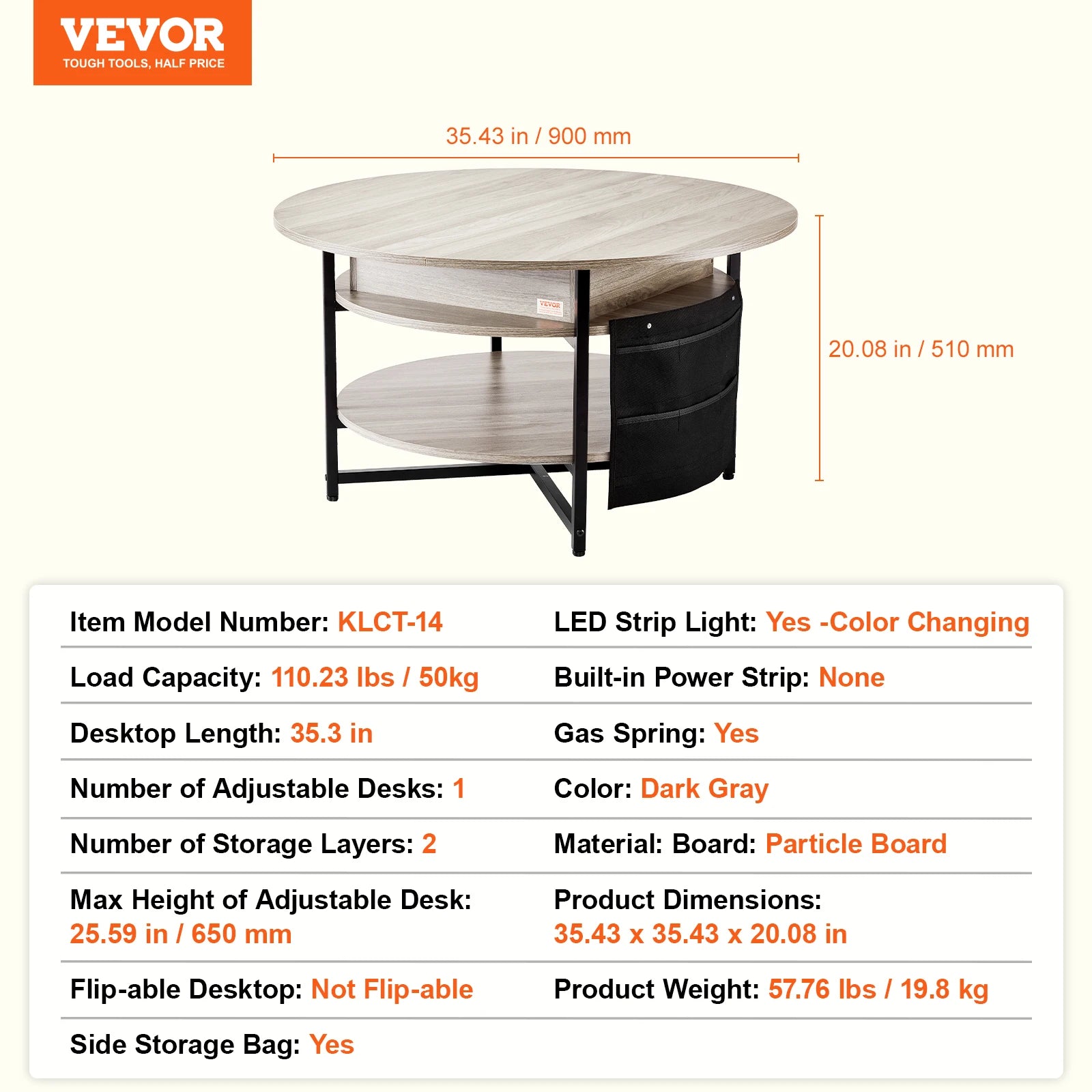VEVOR Lift Top Coffee Table Round Rectangle Table with Extra Storage Pockets Pop Up & Flipable Coffee Table for Living Room
