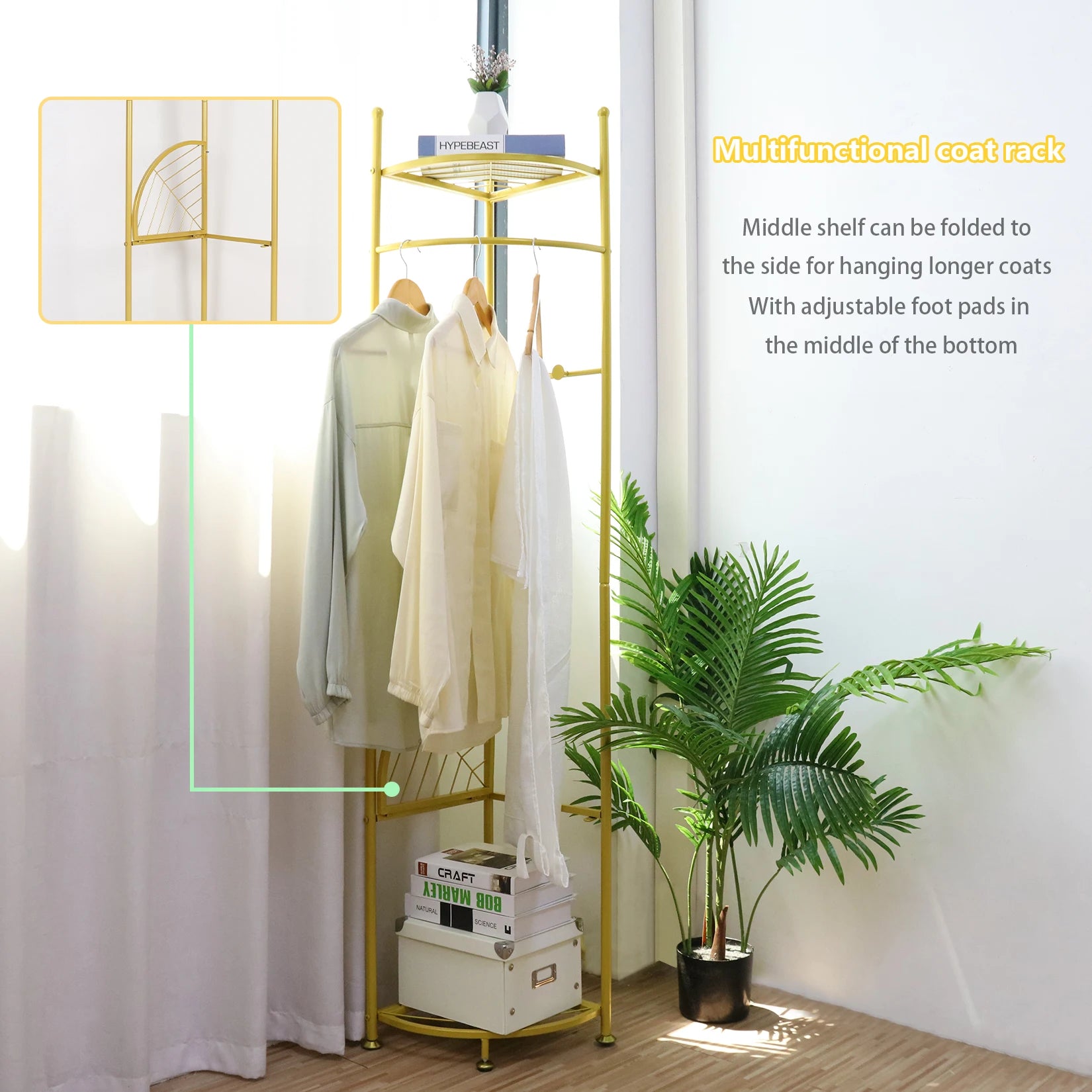 Space-Saving Tall Entryway Gold Metal Coat Stand with Shelves A Free-Standing Clothes Rack Ideal for Bedroom  & Living Room