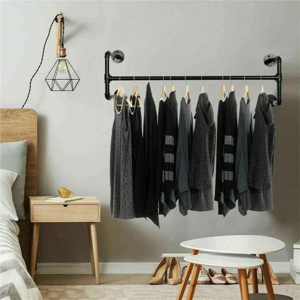 Industrial Pipe Clothes Rack Wall Mounted Hanging Bar Garment Rack Rail Detachable Bedroom Space-Saver for Home