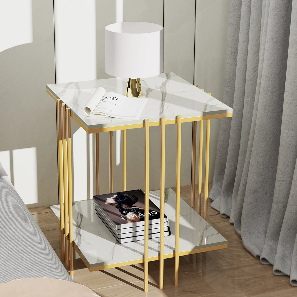 Marble Top Side Table Gold 2 Tier Square White End Tables 44.5x44.5x55.5cm Sintered Stone Marbles Tabletop Modern Small Bedside