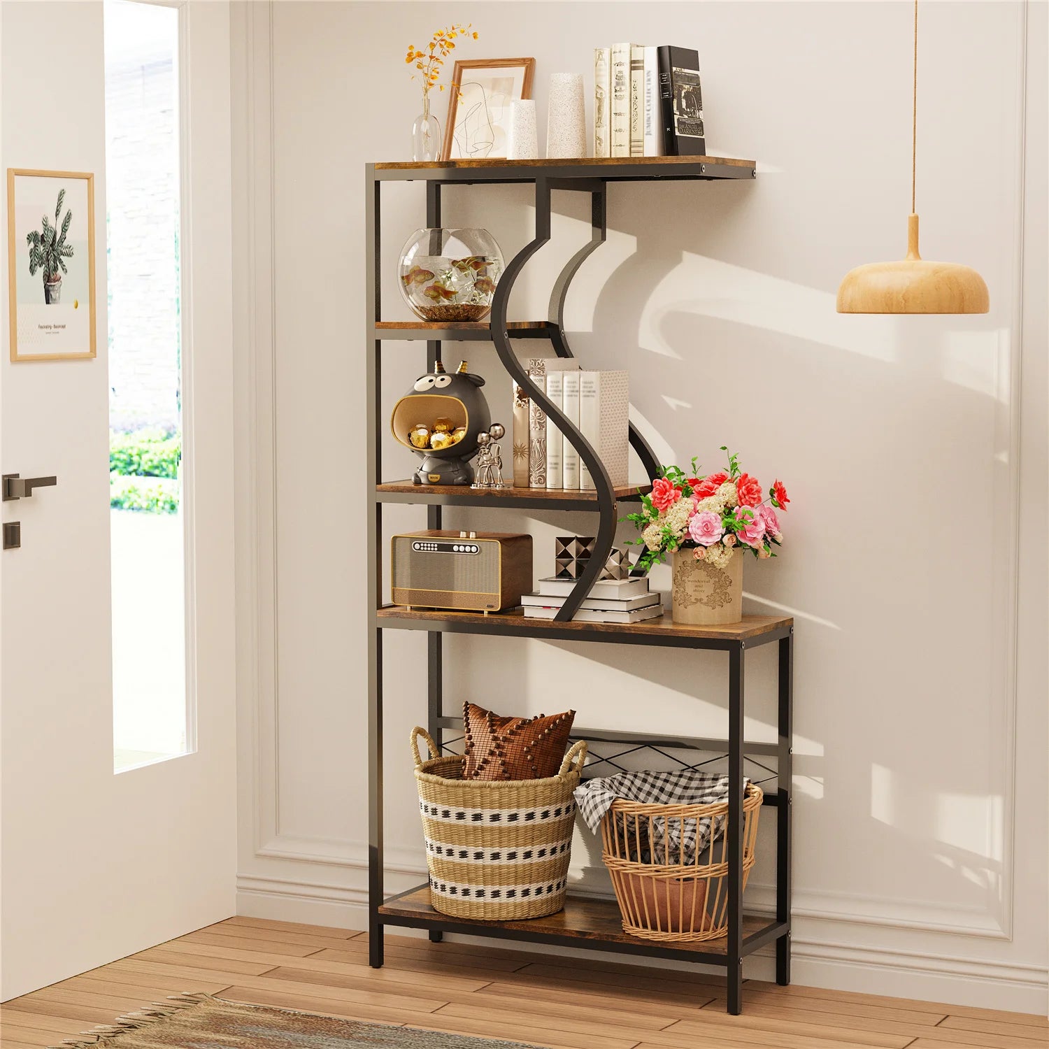 Vintage Industrial Tall Plant Stand - 5-Tier Rustic Shelf Display Unit for Home, Patio, Garden Flower Storage Cabinet & Bookcase