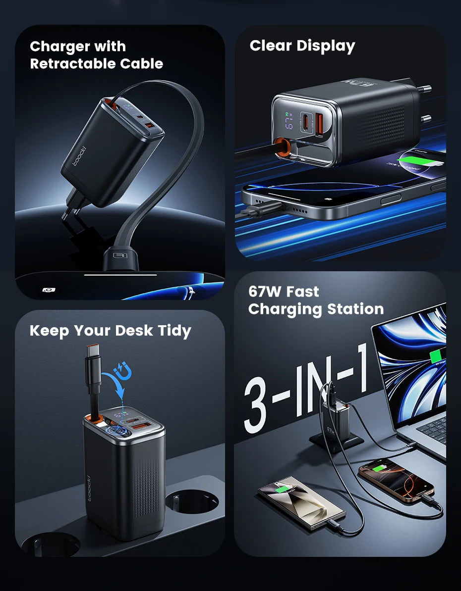Toocki 67W GaN USB C Charger With Retractable Type C Cable