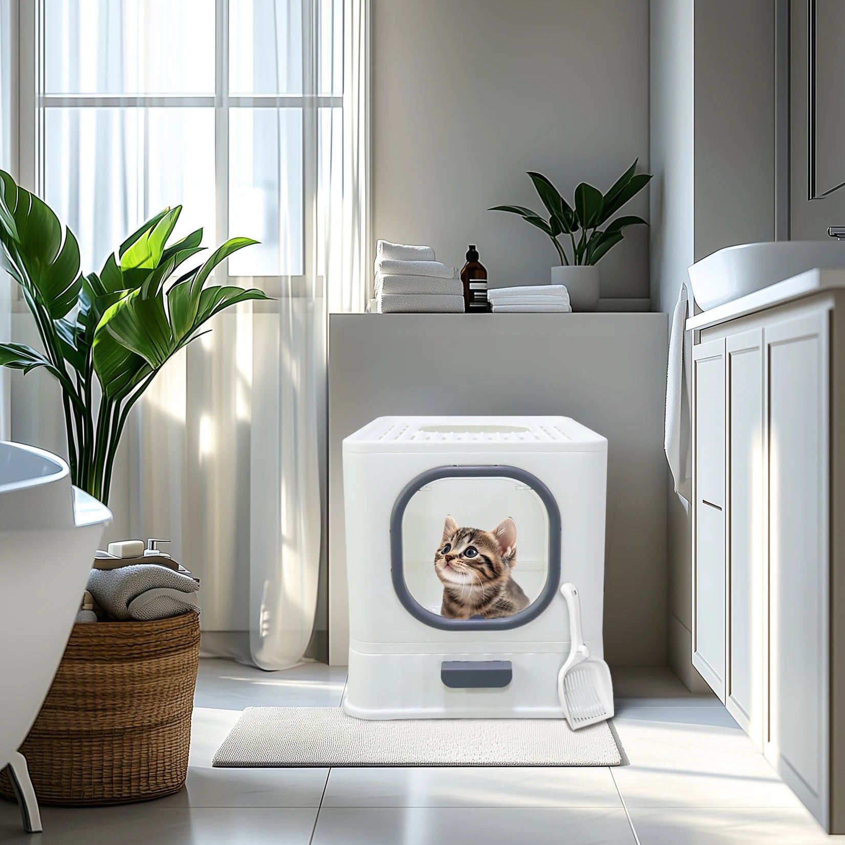 Bingopaw XL Cat Litter Box with Lid Enclosed Cat Potty Top Entry Anti-Splashing Cat Toilet Easy to Clean with Cat Litter Scoop