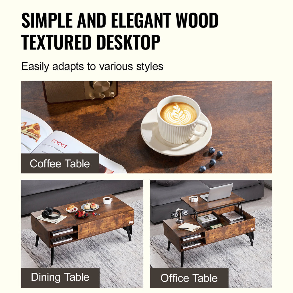 VEVOR Lift Top Coffee Table Round Rectangle Table with Extra Storage Pockets Pop Up & Flipable Coffee Table for Living Room