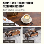 VEVOR Lift Top Coffee Table Round Rectangle Table with Extra Storage Pockets Pop Up & Flipable Coffee Table for Living Room