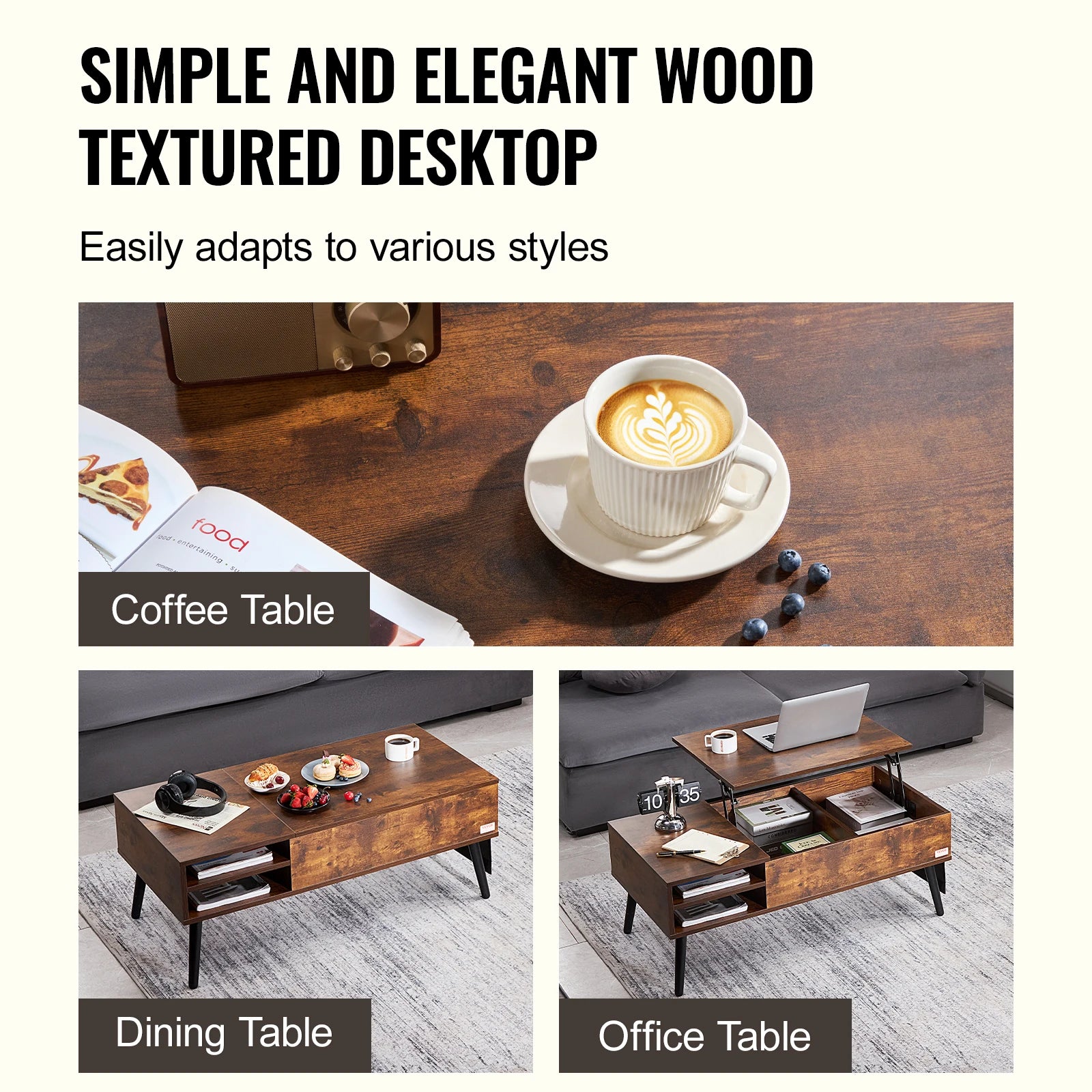 VEVOR Lift Top Coffee Table Round Rectangle Table with Extra Storage Pockets Pop Up & Flipable Coffee Table for Living Room