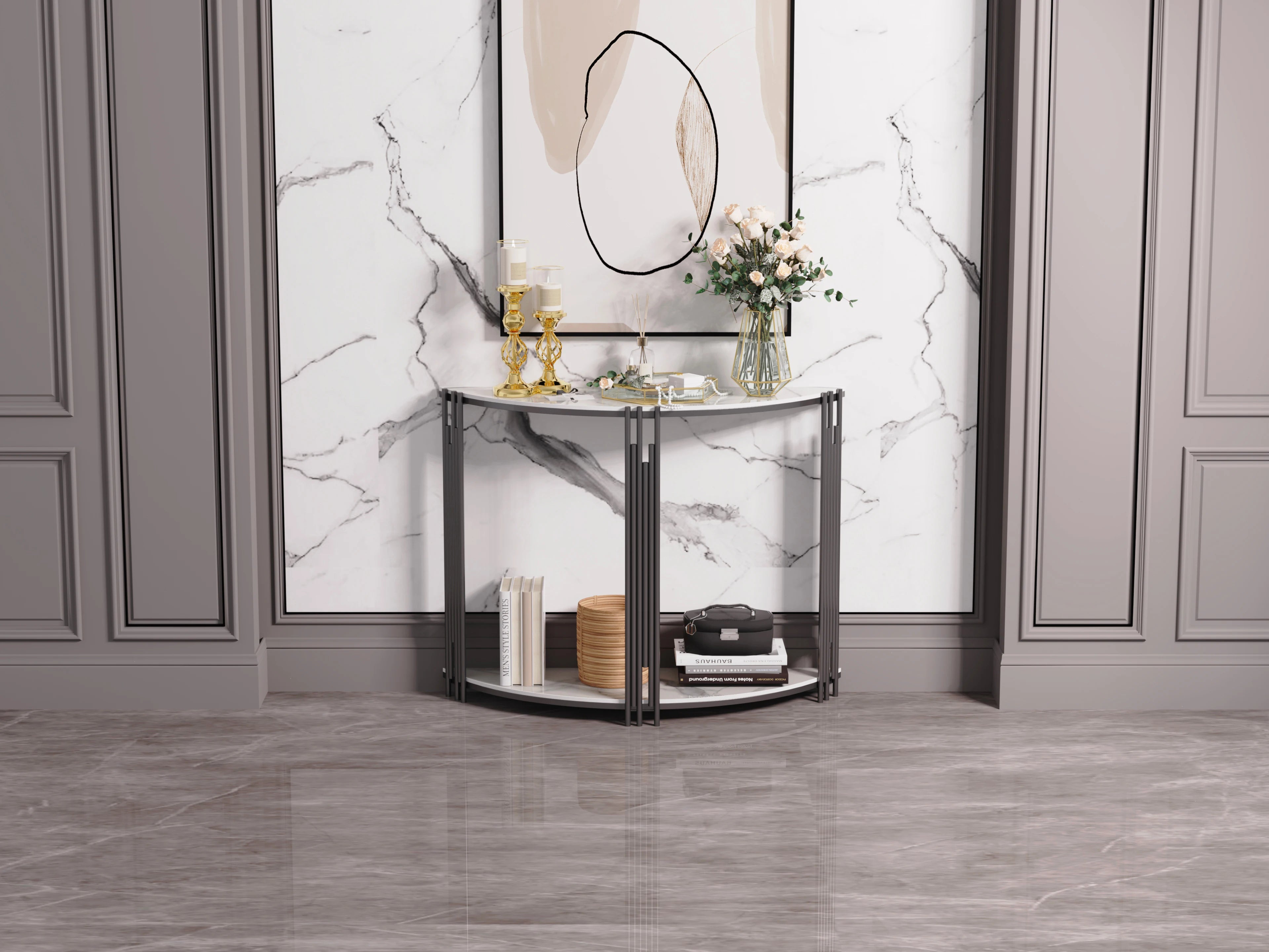Half Moon Tiered Real Marble Entry Console Table Hallway Entryway Furniture  for Entrance, Home Living Room
