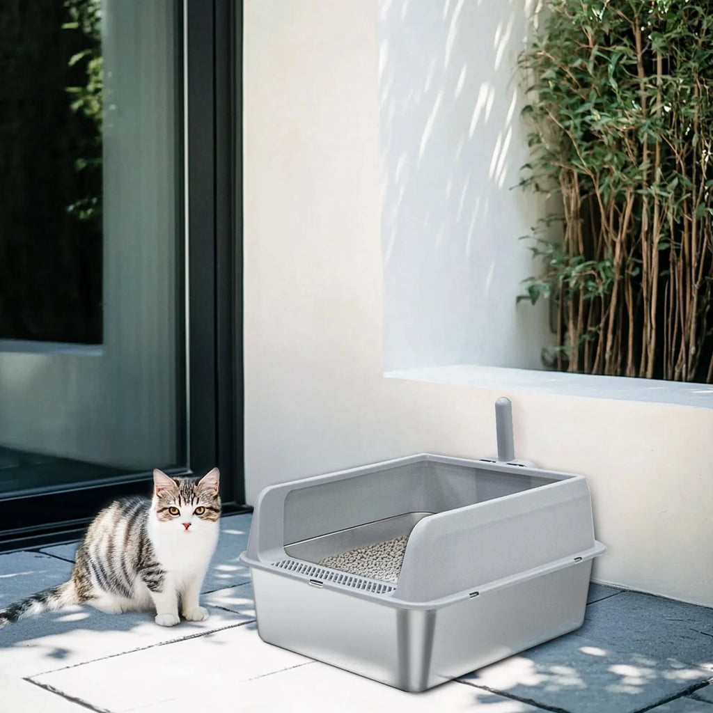 Bingopaw Stainless Steel Litter Box with Lid, High Sides Metal Litter Box System for for Big Cats, Anti-Leakage, Easy Cleaning
