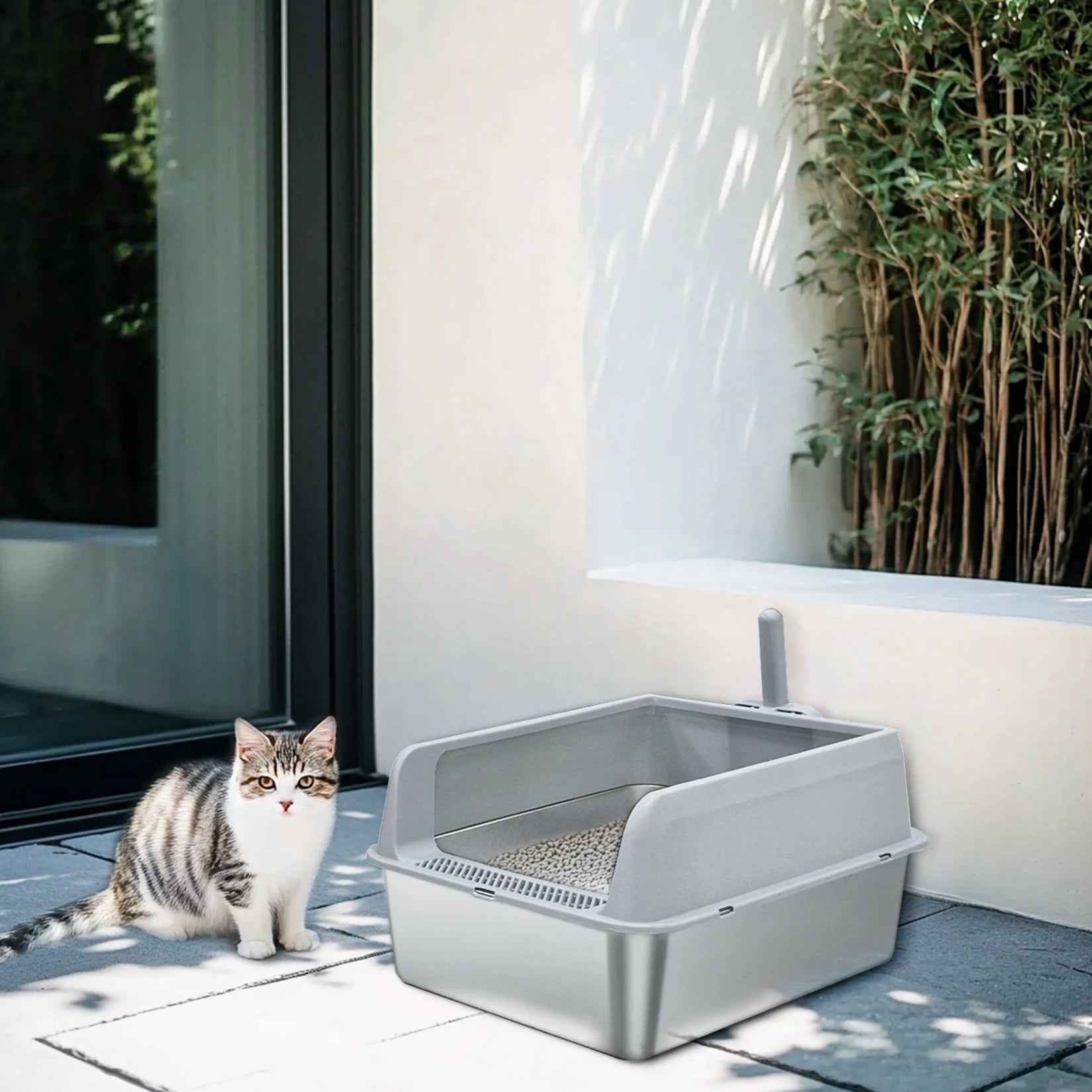 Bingopaw Stainless Steel Litter Box with Lid, High Sides Metal Litter Box System for for Big Cats, Anti-Leakage, Easy Cleaning