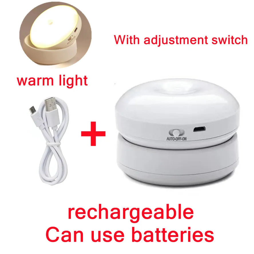 PwwQmm LED Night Light Wireless Motion USB Charging Cabinet Night Lamp Bedside Table For Bedroom Home Closet Sensor Round Lights