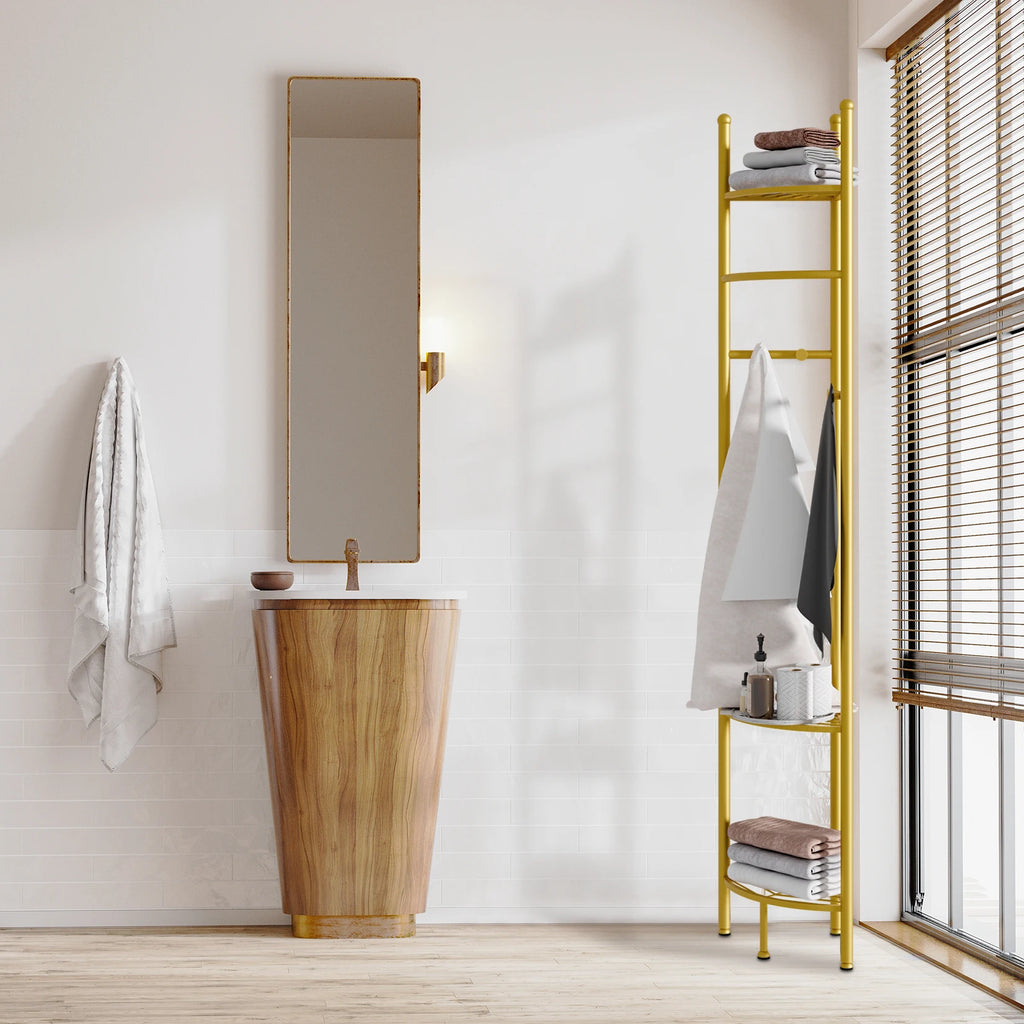 Space-Saving Tall Entryway Gold Metal Coat Stand with Shelves A Free-Standing Clothes Rack Ideal for Bedroom  & Living Room